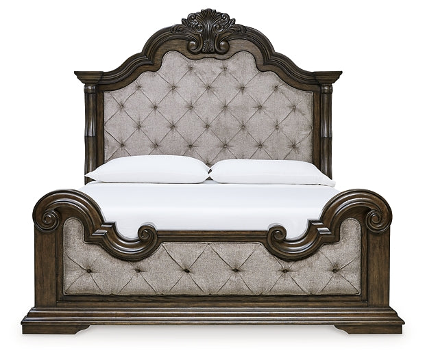 Maylee Queen Upholstered Bed with Mirrored Dresser