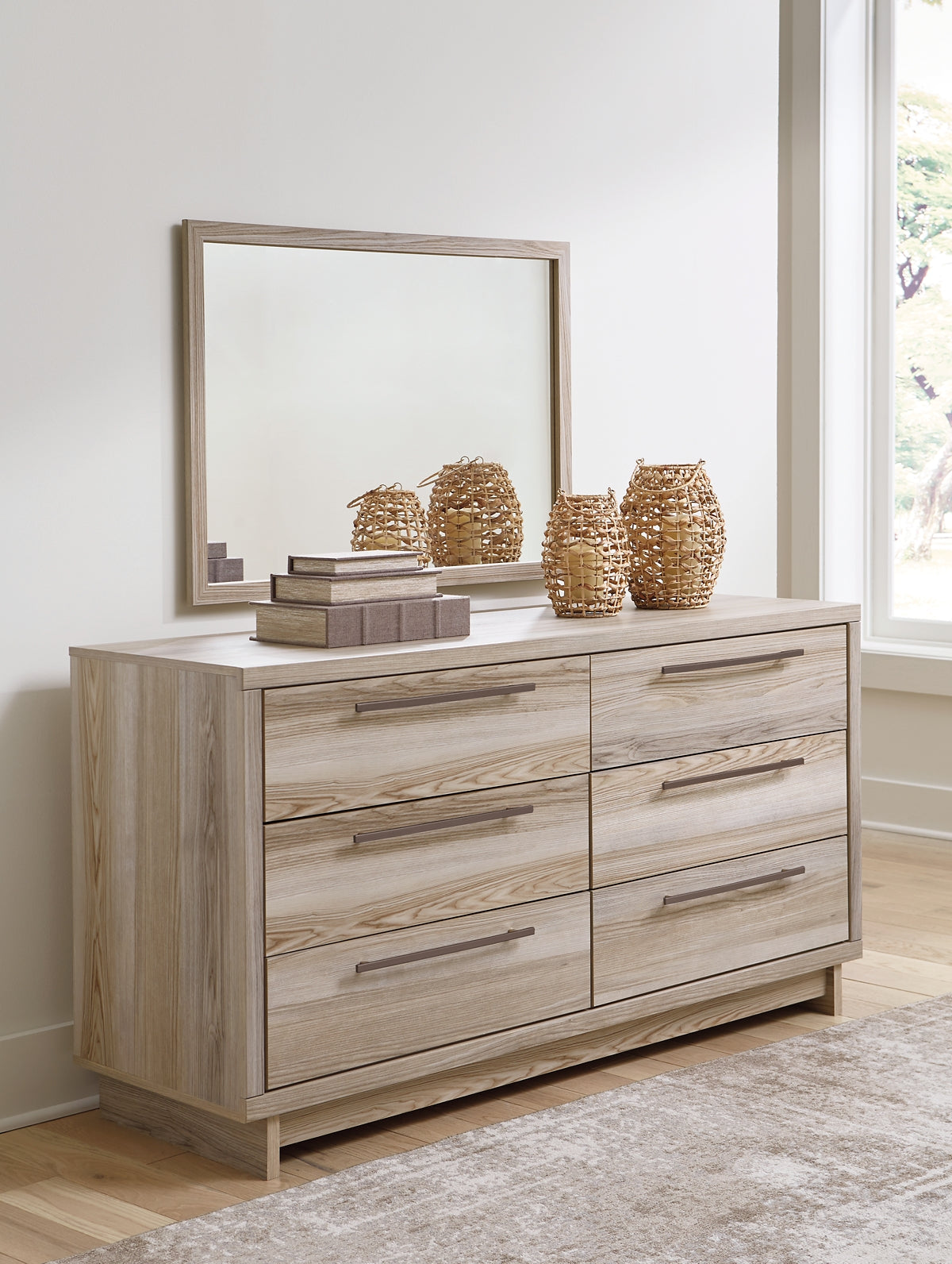 Hasbrick King Panel Headboard with Mirrored Dresser, Chest and 2 Nightstands