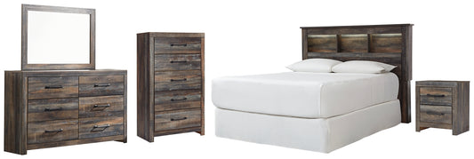 Drystan Queen/Full Bookcase Headboard with Mirrored Dresser, Chest and Nightstand