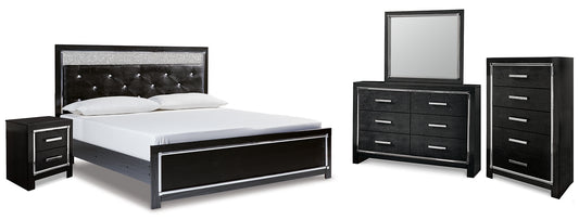 Kaydell King Upholstered Panel Bed with Mirrored Dresser, Chest and Nightstand