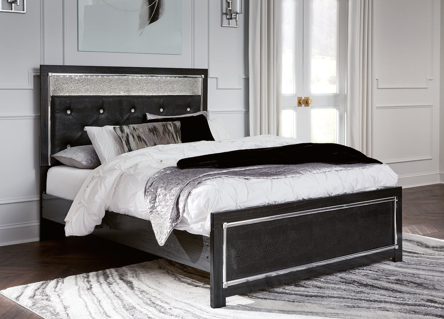 Kaydell Queen Upholstered Panel Bed with Mirrored Dresser and Chest