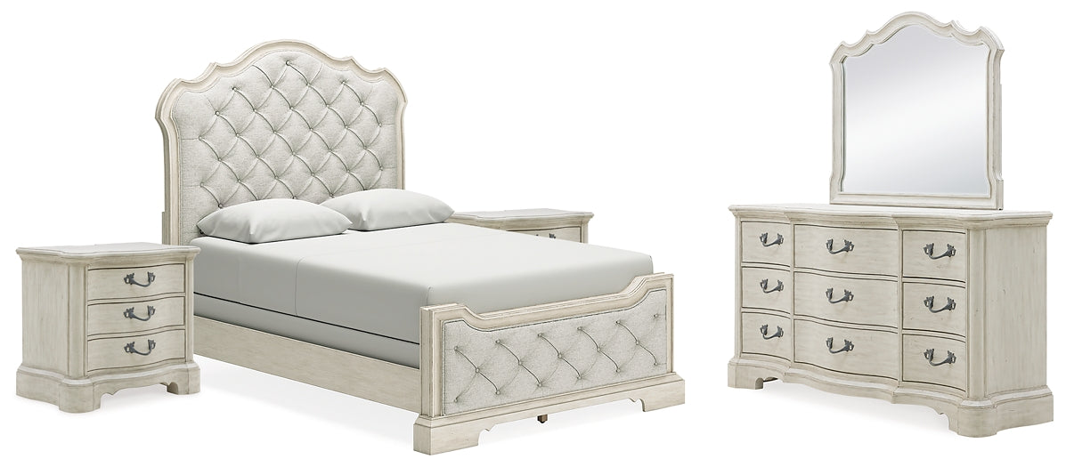 Arlendyne Queen Upholstered Bed with Mirrored Dresser and 2 Nightstands